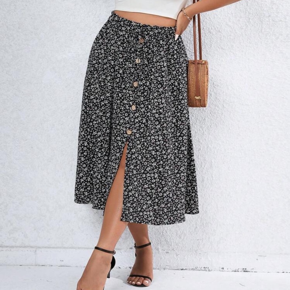 SHEIN Black Floral Button-Up Midi Skirt